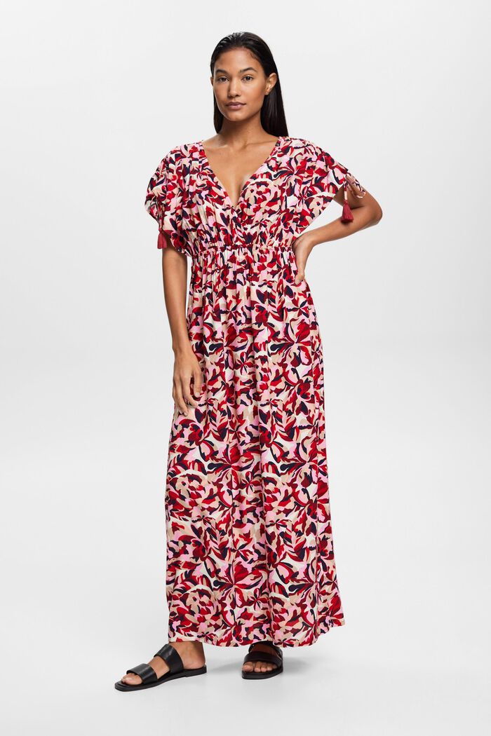Maxi beach dress with floral pattern, DARK RED, detail image number 2