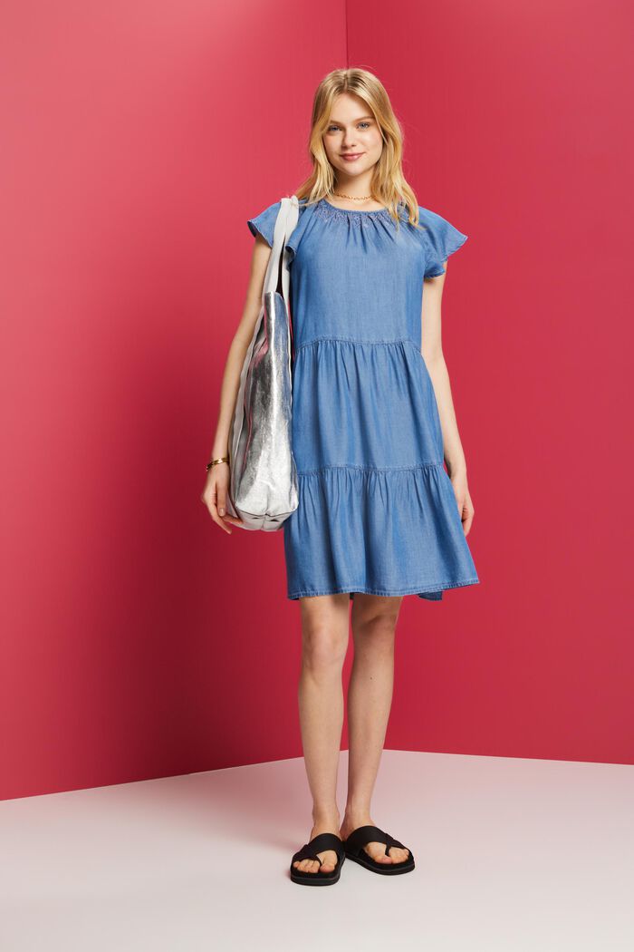 Denim Tiered Mini Dress, BLUE MEDIUM WASHED, detail image number 1