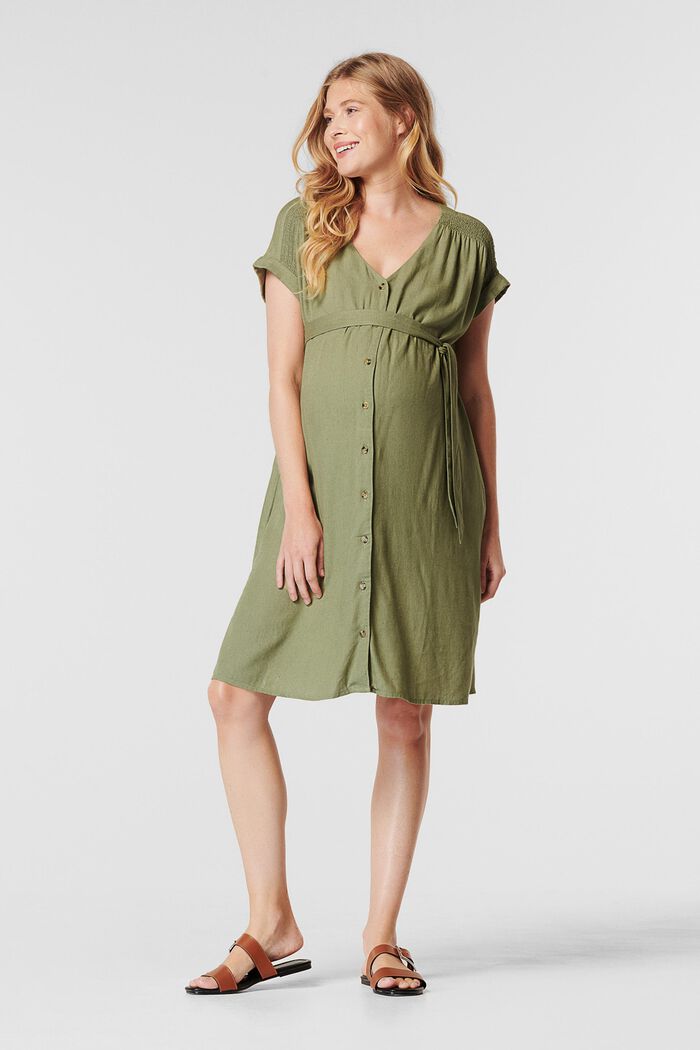 Blended linen: Dress with a tie-around belt, REAL OLIVE, overview