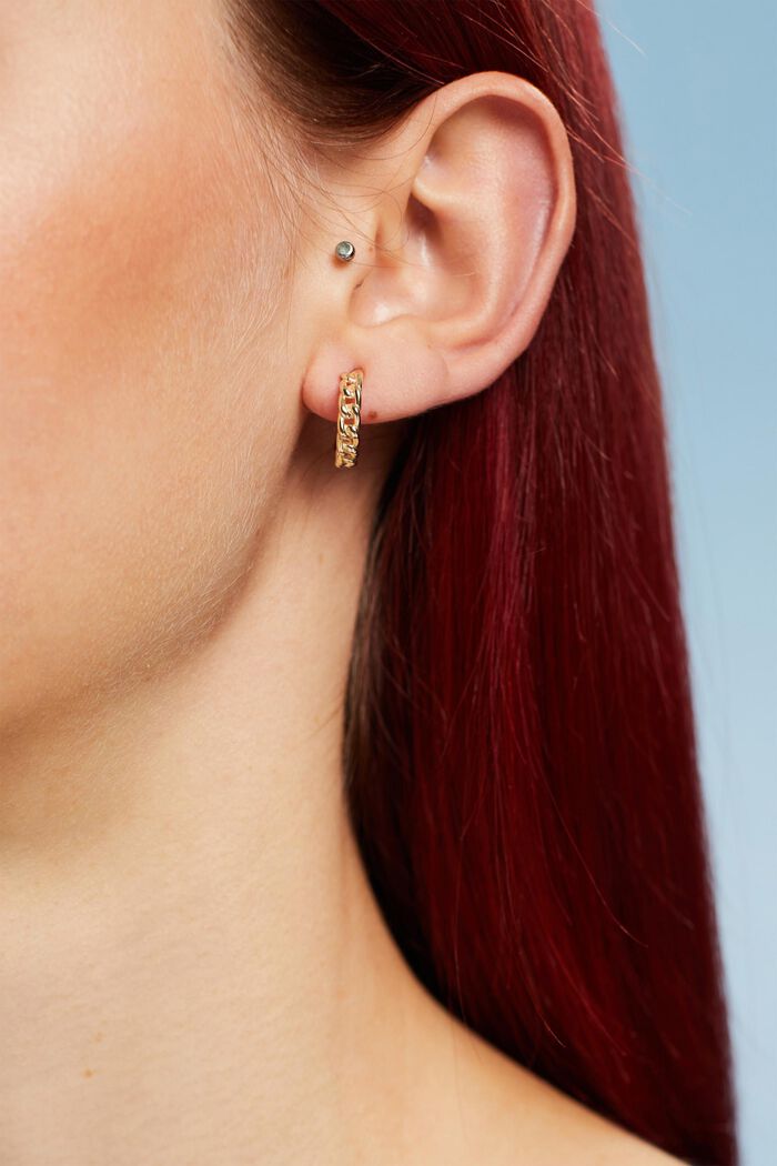 Chain Mini Hoop Earrings, Sterling Silver, GOLD, detail image number 2
