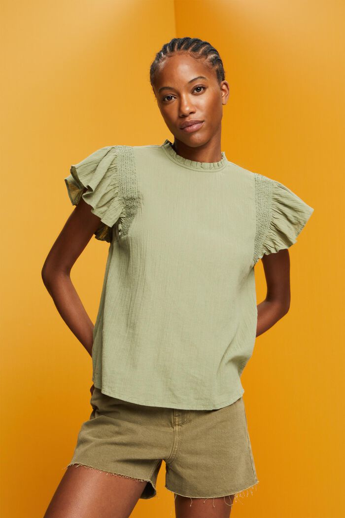 Cotton blouse with flounced sleeves, LIGHT KHAKI, detail image number 0