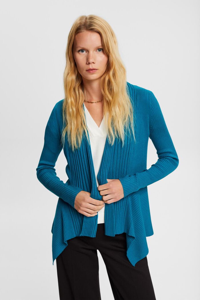 Recycled: ribbed cardigan with handkerchief hem, TEAL BLUE, detail image number 1