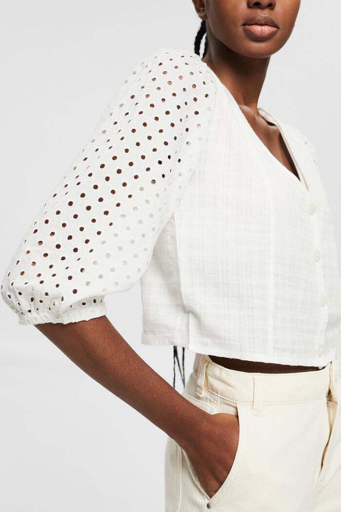 Cropped top with broderie anglaise, OFF WHITE, detail image number 2