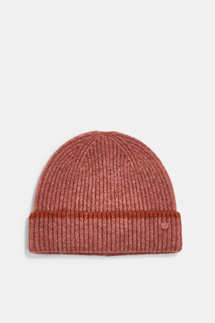 Made of recycled material: knitted hat with contrast stripes, TERRACOTTA, overview