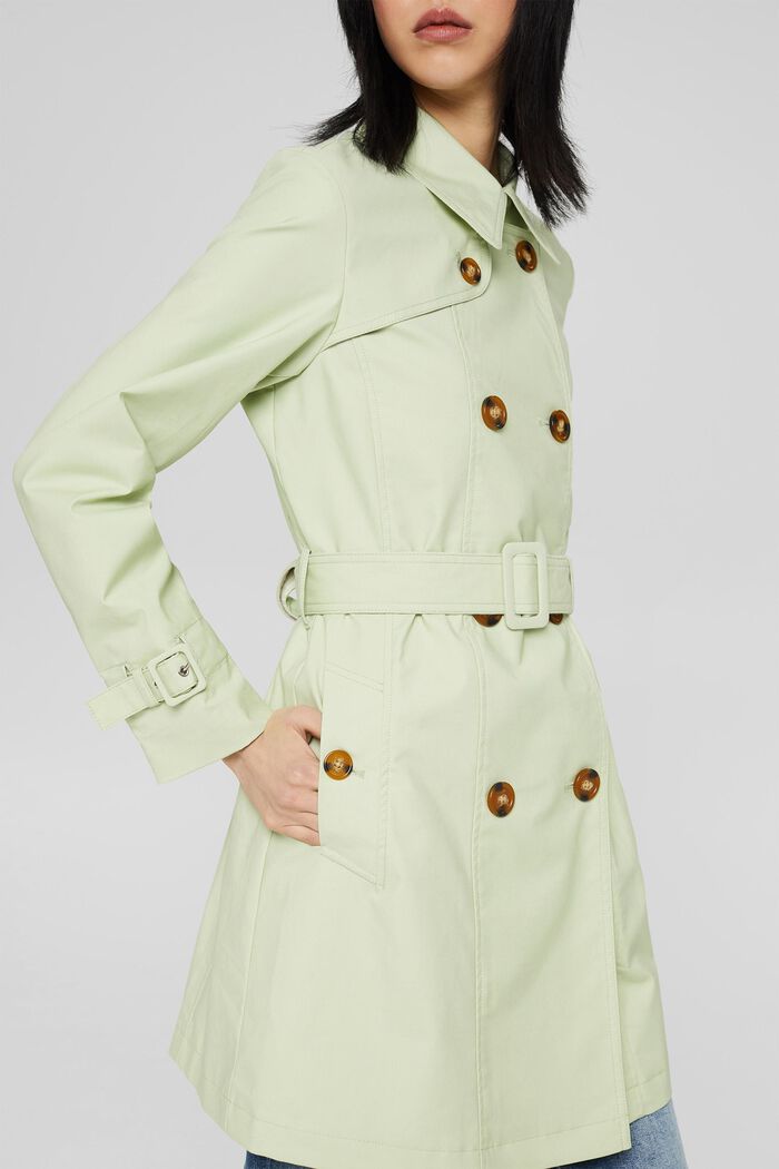 Short trench coat with a belt, in an organic cotton blend, PASTEL GREEN, detail image number 2