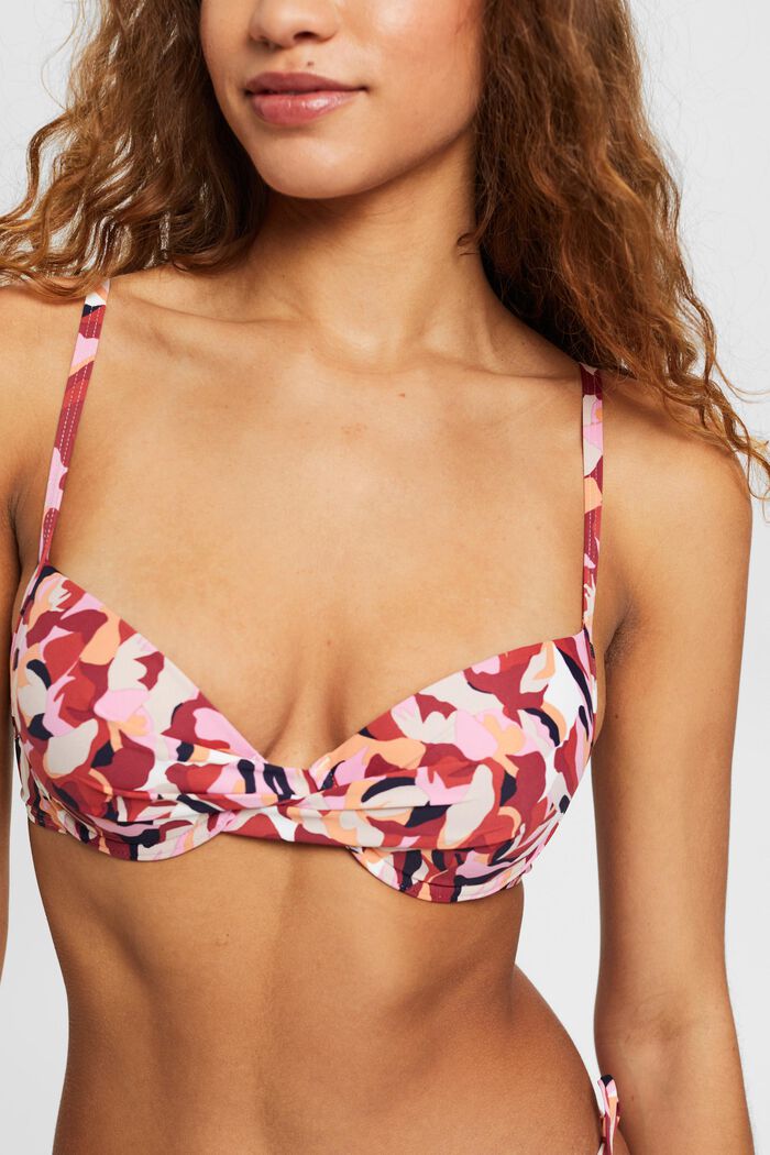 Padded and underwired bikini top with floral print, DARK RED, detail image number 0
