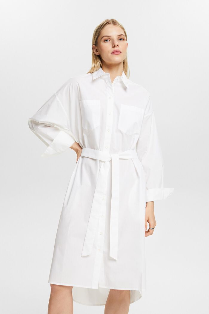 Belted Poplin Shirt Dress, WHITE, detail image number 0