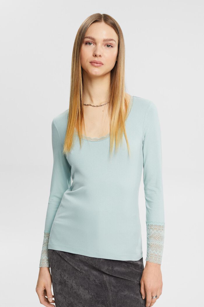 Ribbed long-sleeved top with lace details, LIGHT AQUA GREEN, detail image number 0