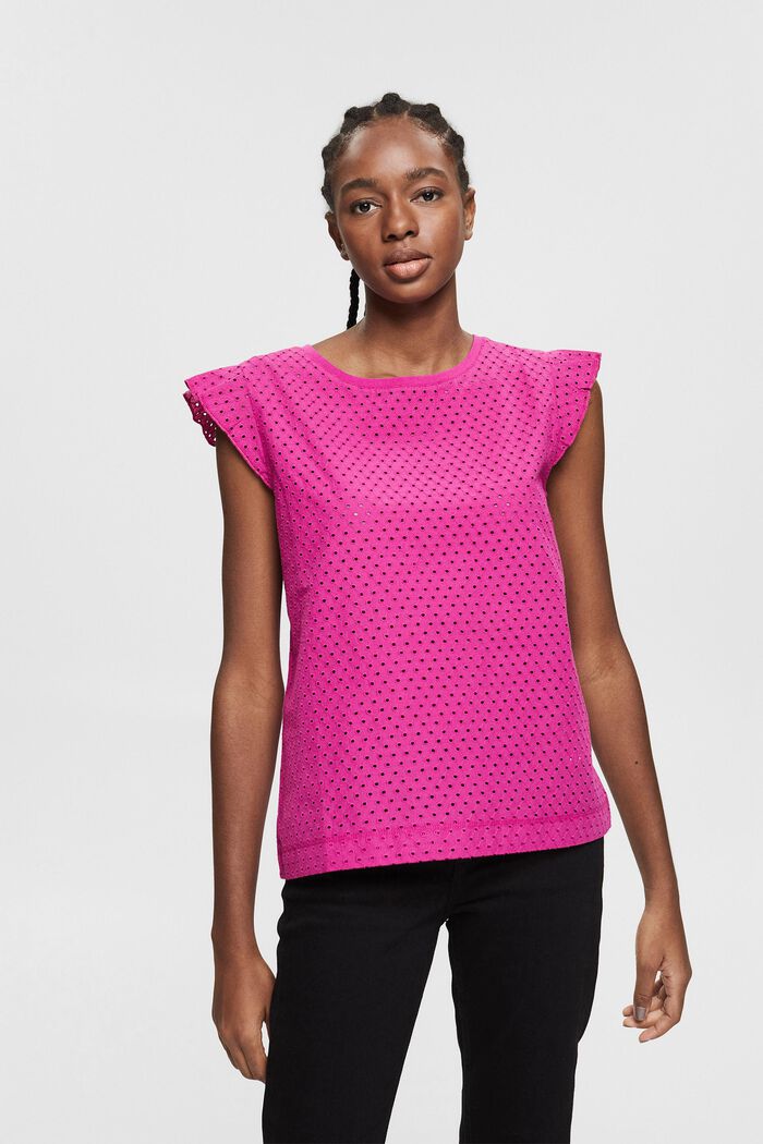 T-shirt with broderie anglaise, organic cotton, PINK FUCHSIA, detail image number 0