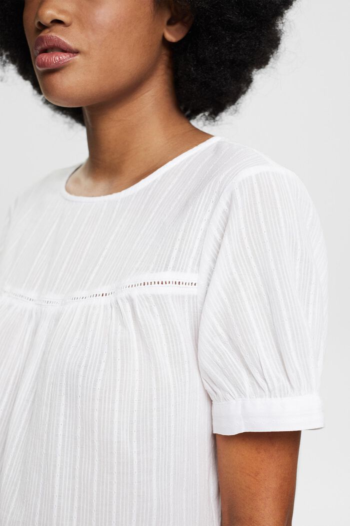 Short sleeve blouse with a woven pattern, 100% cotton, WHITE, detail image number 5