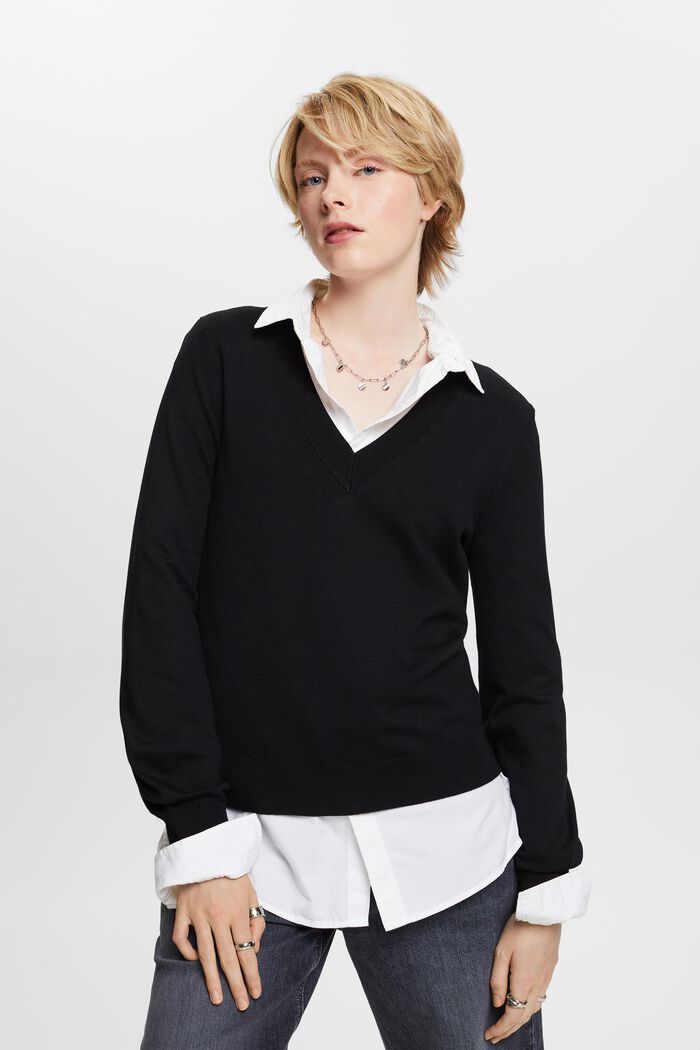 V-Neck Sweater, BLACK, detail image number 1