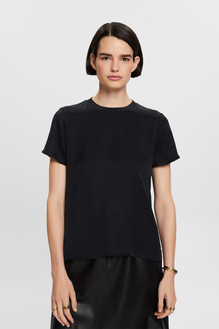Short-sleeve satin blouse, BLACK, detail image number 0