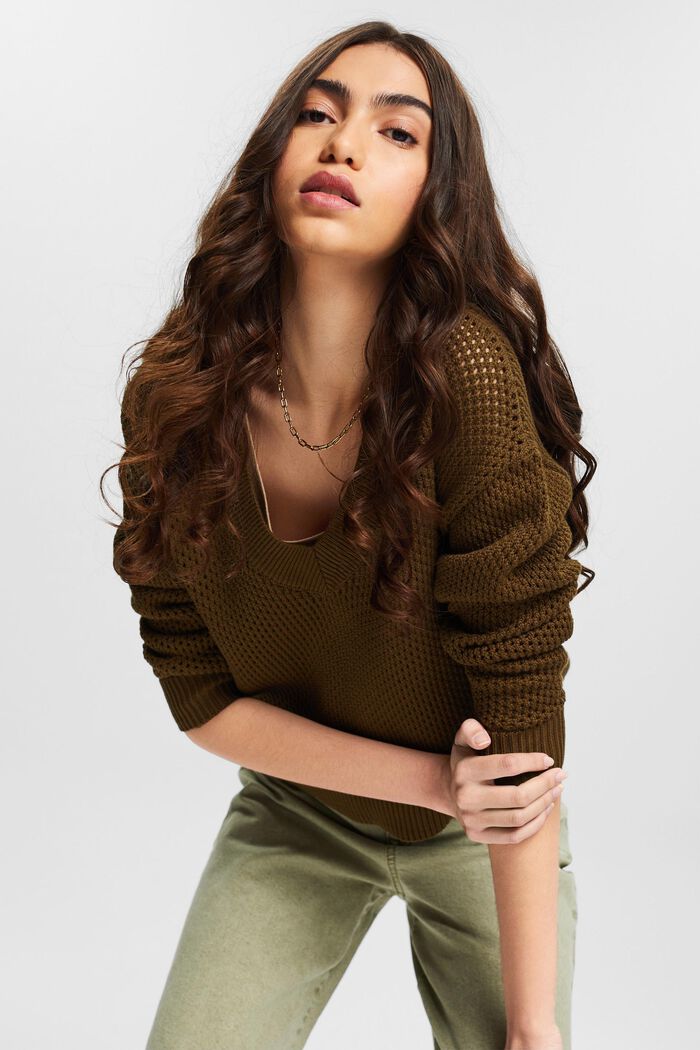 Chunky knit jumper with a V-neckline, KHAKI GREEN, detail image number 5