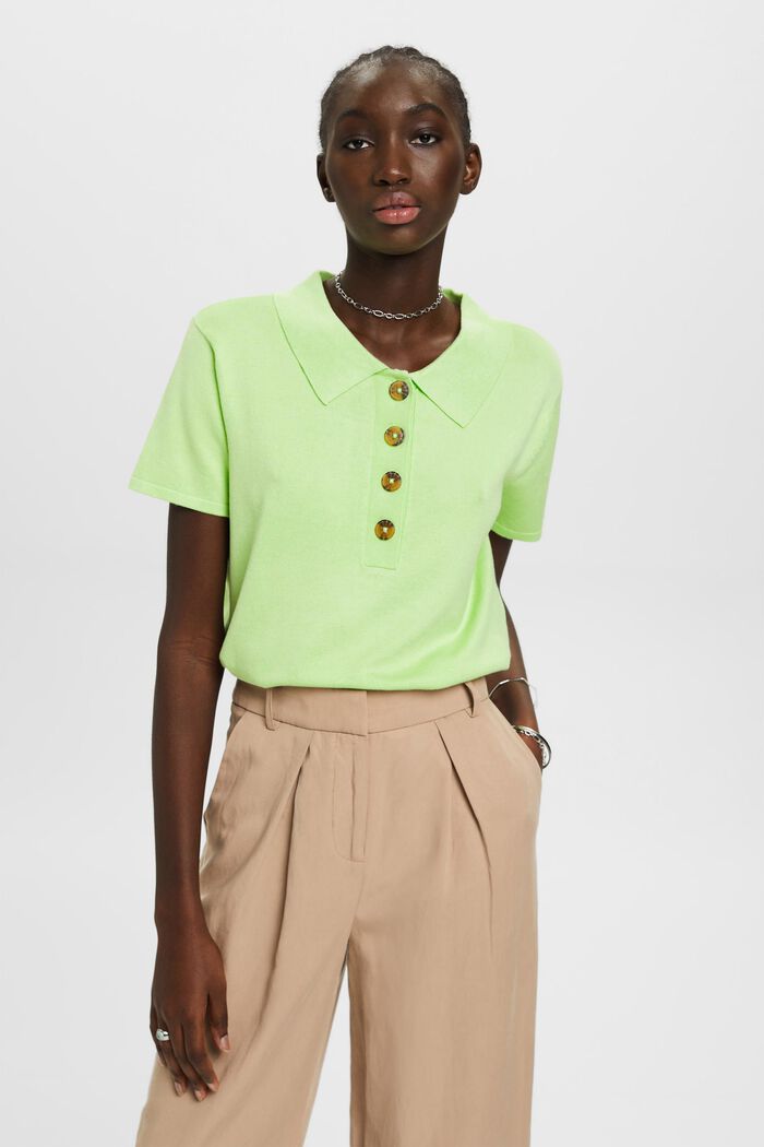 Short-sleeved knit sweater with polo collar, CITRUS GREEN, detail image number 0