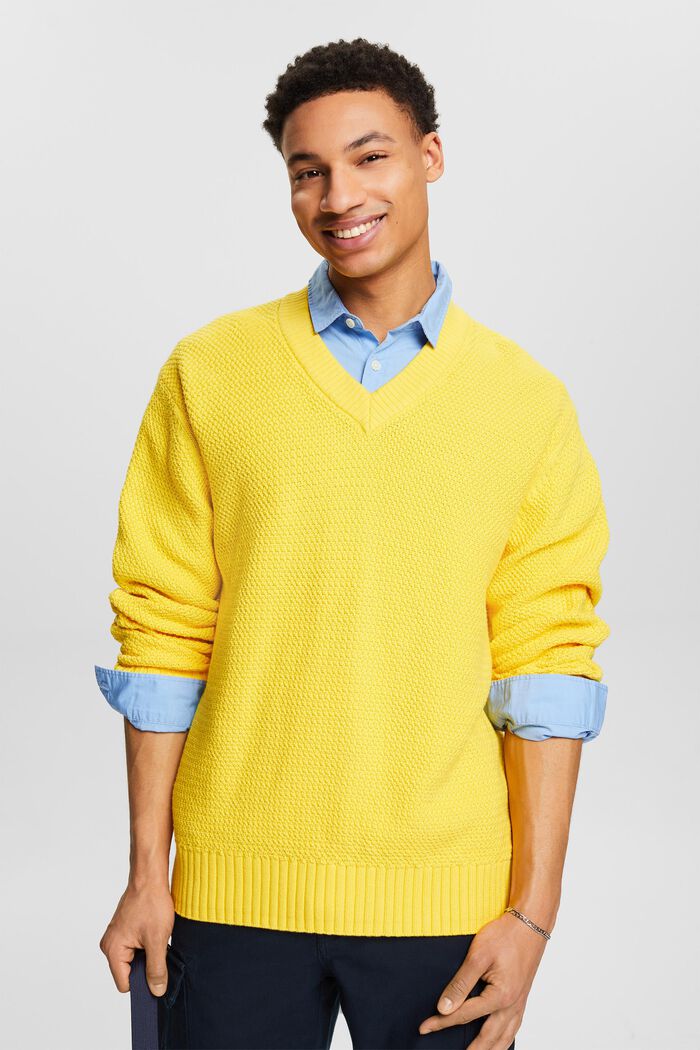 Cotton V-Neck Sweater, YELLOW, detail image number 0