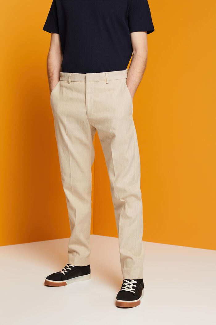 Slim fit trousers in a cotton-linen blend, KHAKI BEIGE, detail image number 0