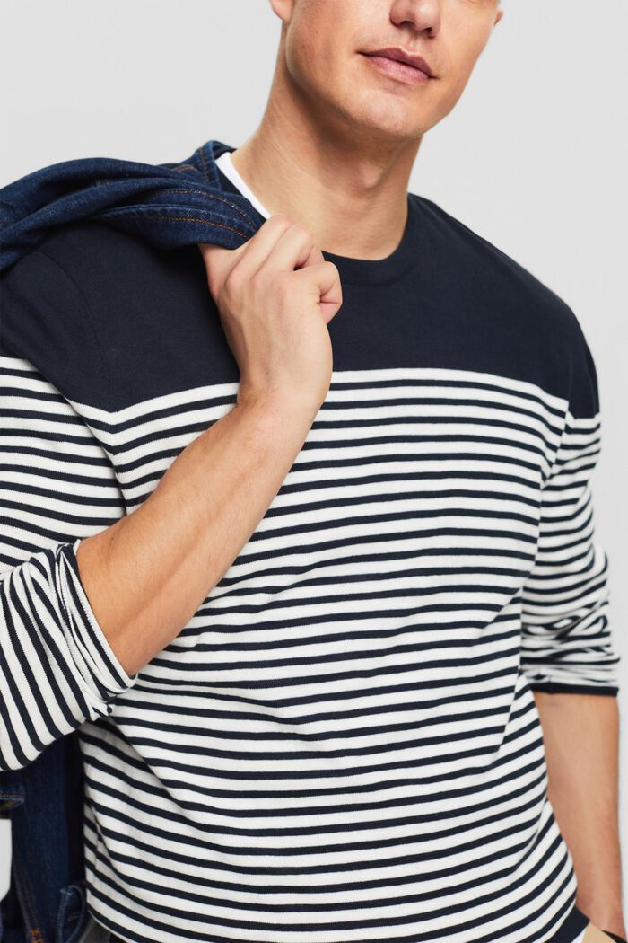 Striped Cotton Sweater, NAVY, detail image number 3