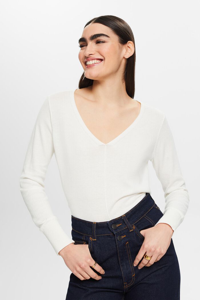 Cotton V-Neck Sweater, OFF WHITE, detail image number 0