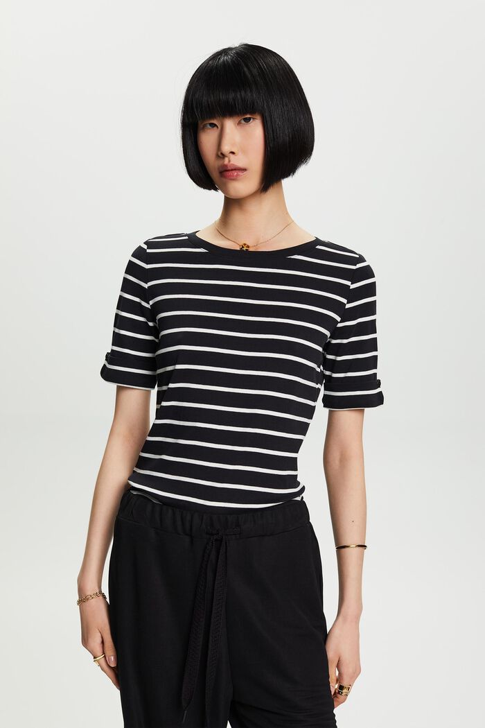 Striped Round Neck Cotton Top, BLACK, detail image number 0