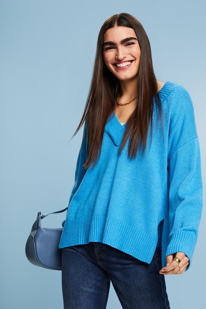 V-Neck Wool-Cashmere Blend Sweater, BLUE, detail image number 0