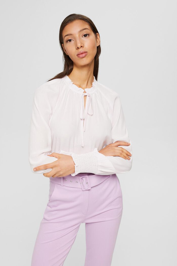 Blouse with frills and smocked details, LIGHT PINK, overview