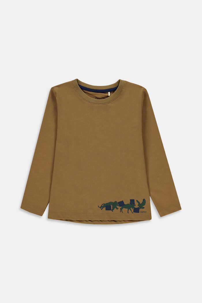 Long sleeve top with a print on the lower hem, KHAKI BEIGE, detail image number 0