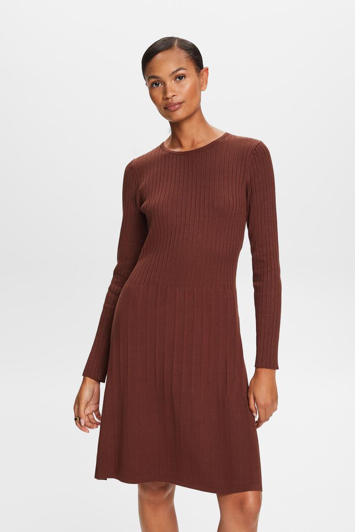 Pleated Rib-Knit Dress, BROWN, detail image number 1