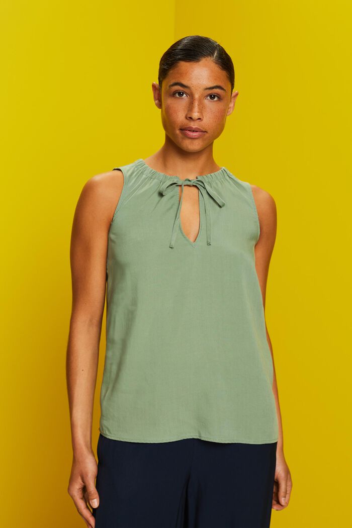 Sleeveless blouse with elastic collar, PALE KHAKI, detail image number 0