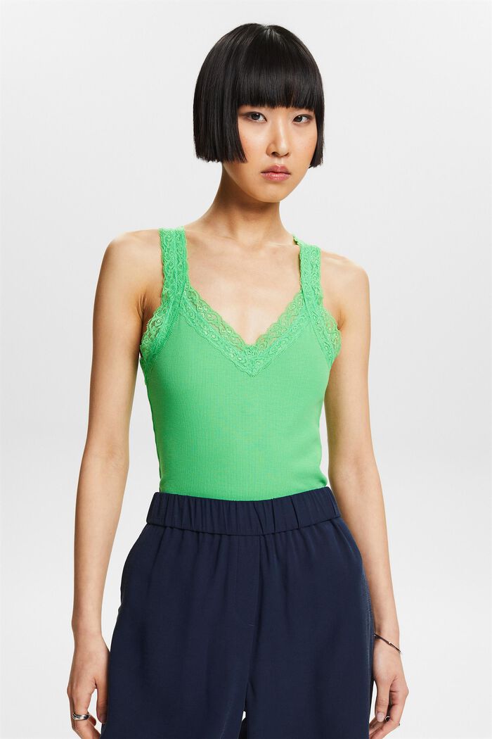 Lace Rib-Knit Jersey Top, CITRUS GREEN, detail image number 0