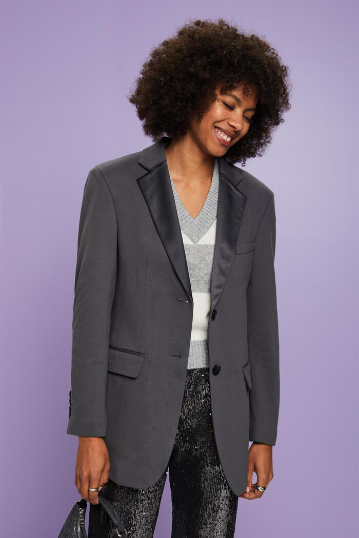 Textured Knit Tuxedo Blazer, Organic Cotton, DARK GREY, detail image number 1