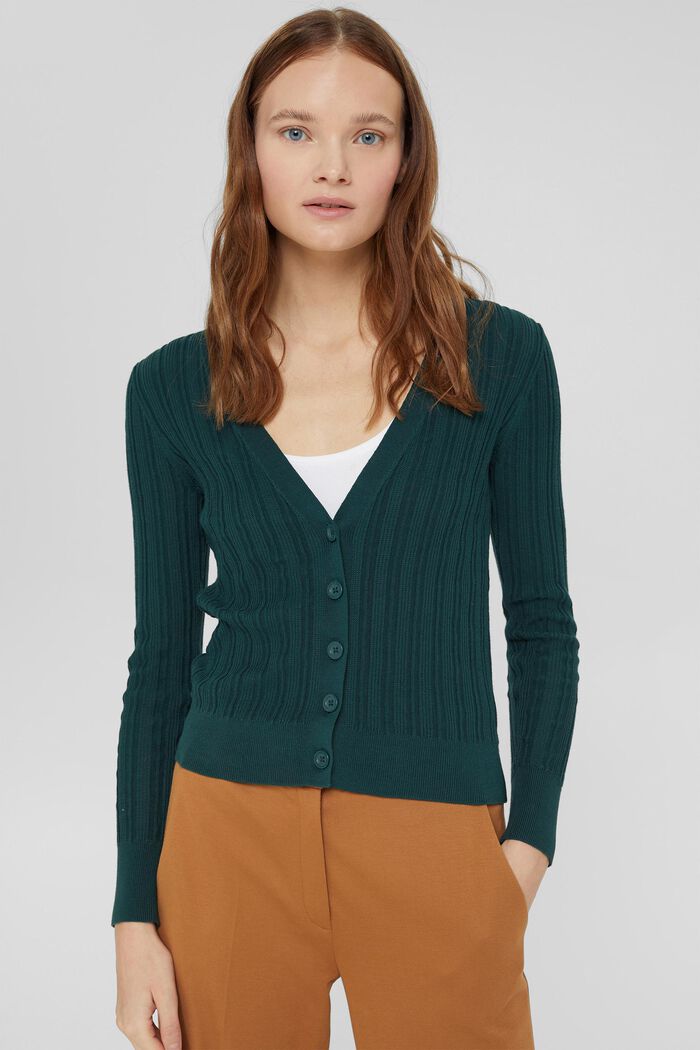 Rib knit cardigan made of 100% cotton, DARK TEAL GREEN, detail image number 0