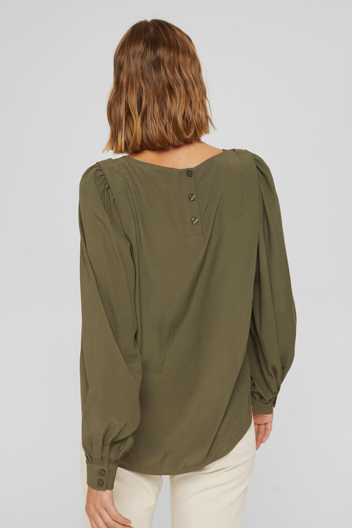 Wide blouse with balloon sleeves, LENZING™ ECOVERO™, DARK KHAKI, detail image number 3