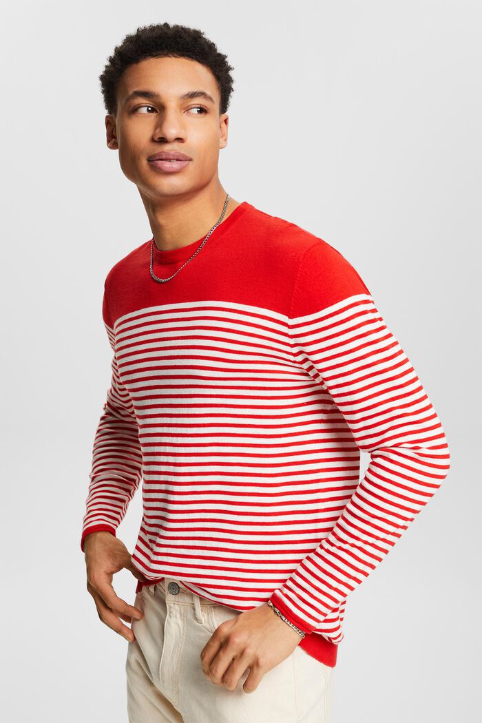 Striped Cotton Sweater, RED, detail image number 4