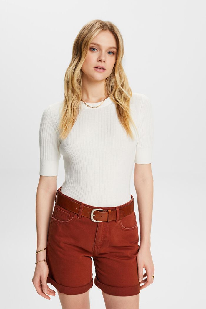 Short-sleeved ribbed sweater, OFF WHITE, detail image number 0