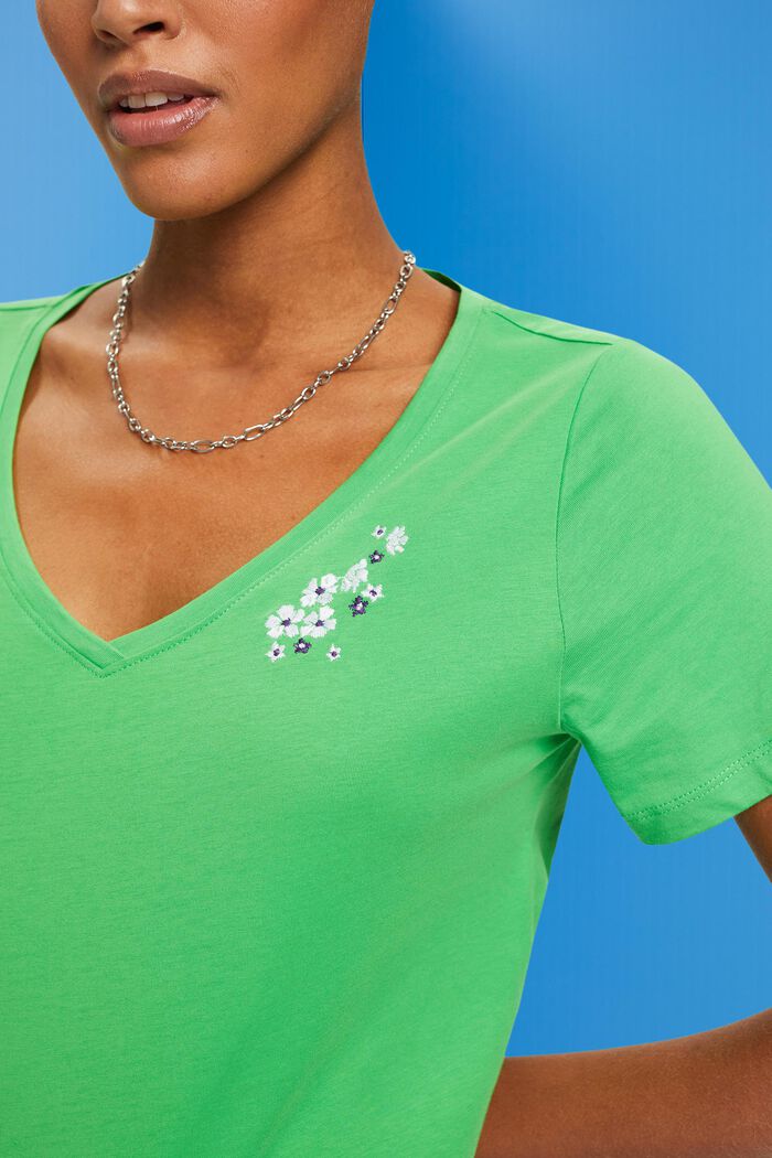 V-neck t-shirt with floral embroidery, GREEN, detail image number 2