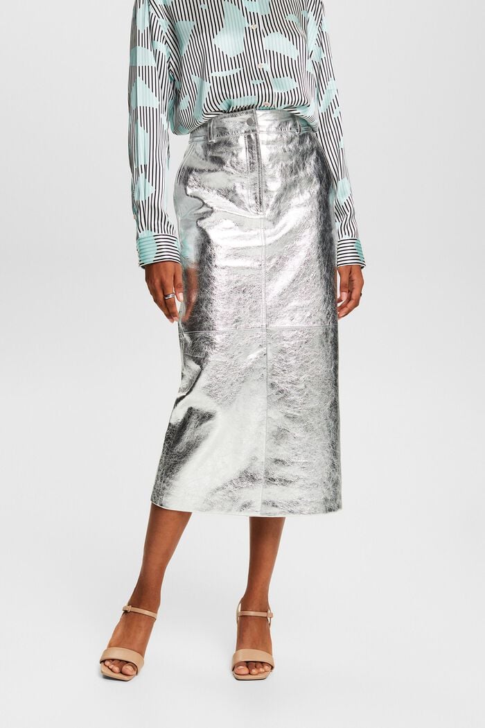 Coated Metallic Leather Skirt, SILVER, detail image number 0