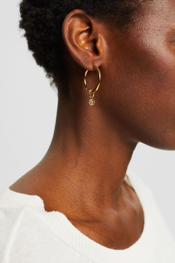 Stainless steel hoop earrings with a zirconia pendant, GOLD, detail image number 2
