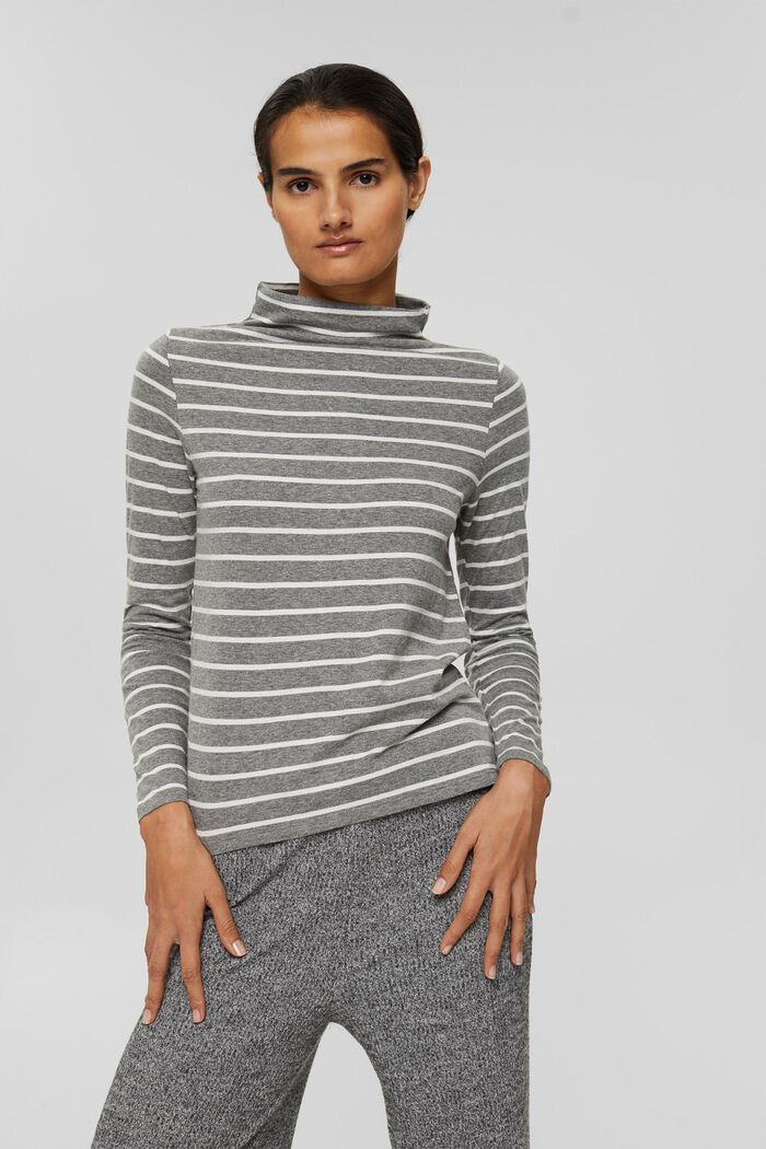 Long sleeve top with a stand-up collar, organic cotton blend, GUNMETAL, detail image number 0