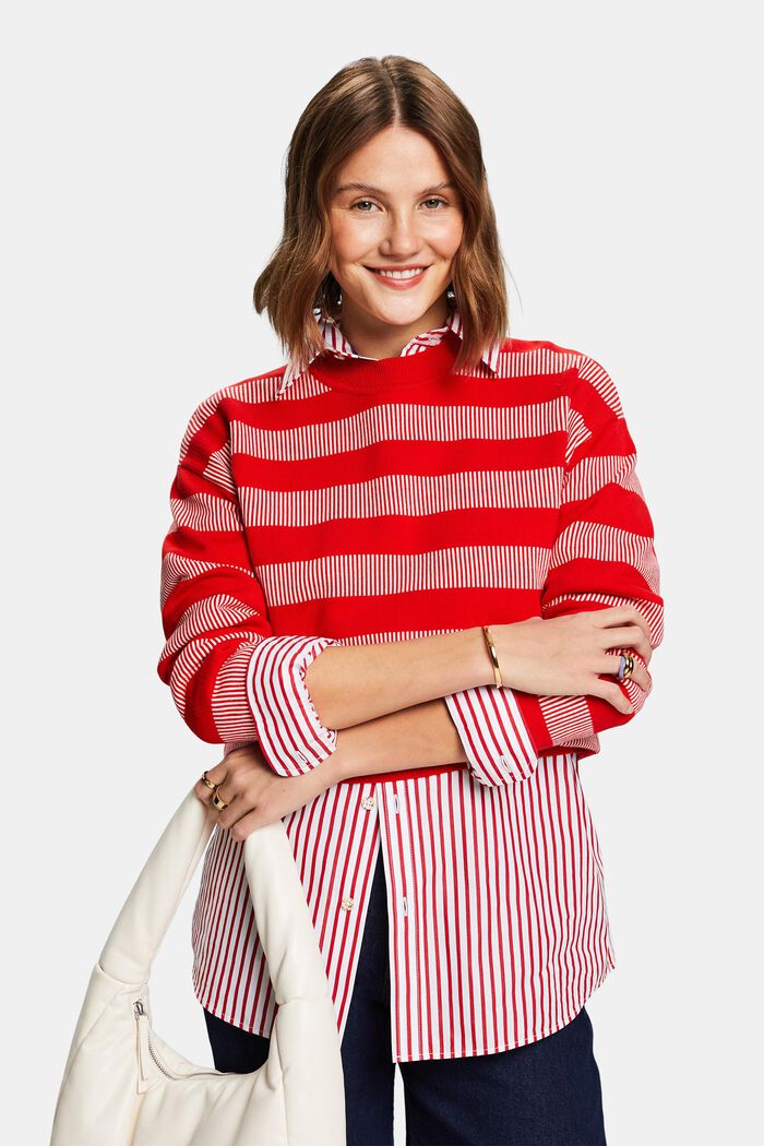 Jacquard Striped Crewneck Sweater, RED, detail image number 0