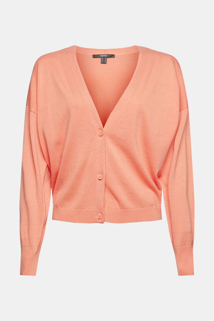 Cardigan with a V-neckline in a cotton blend, CORAL ORANGE, overview