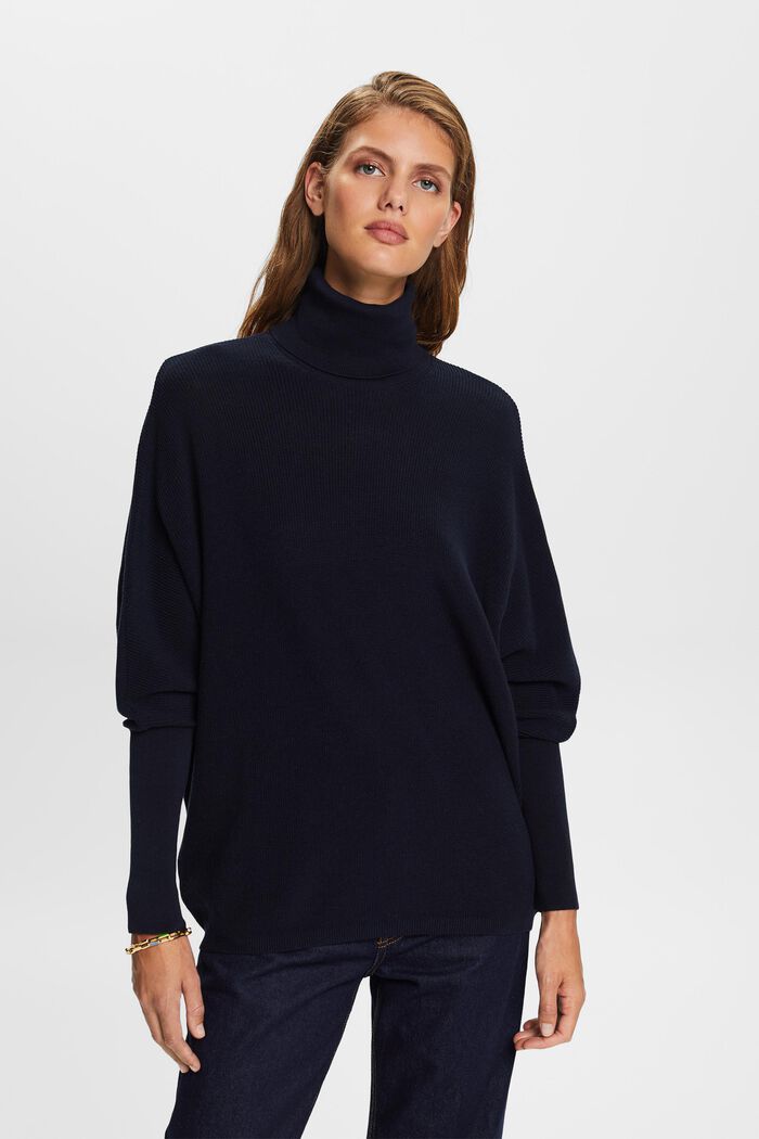 Rollneck Batwing Rib-Knit Sweater, NAVY, detail image number 0