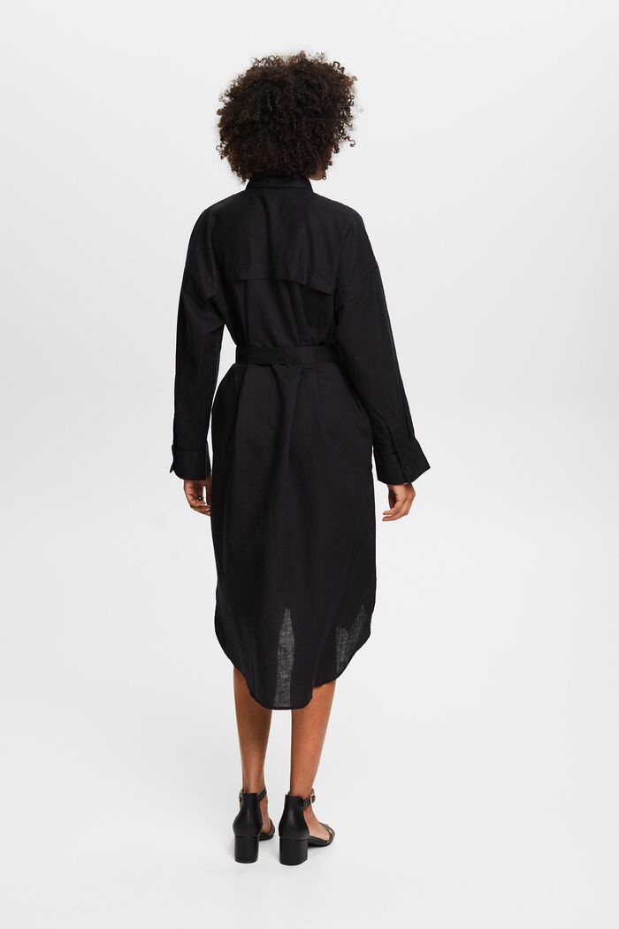 Linen-Cotton Belted Shirt Dress, BLACK, detail image number 2