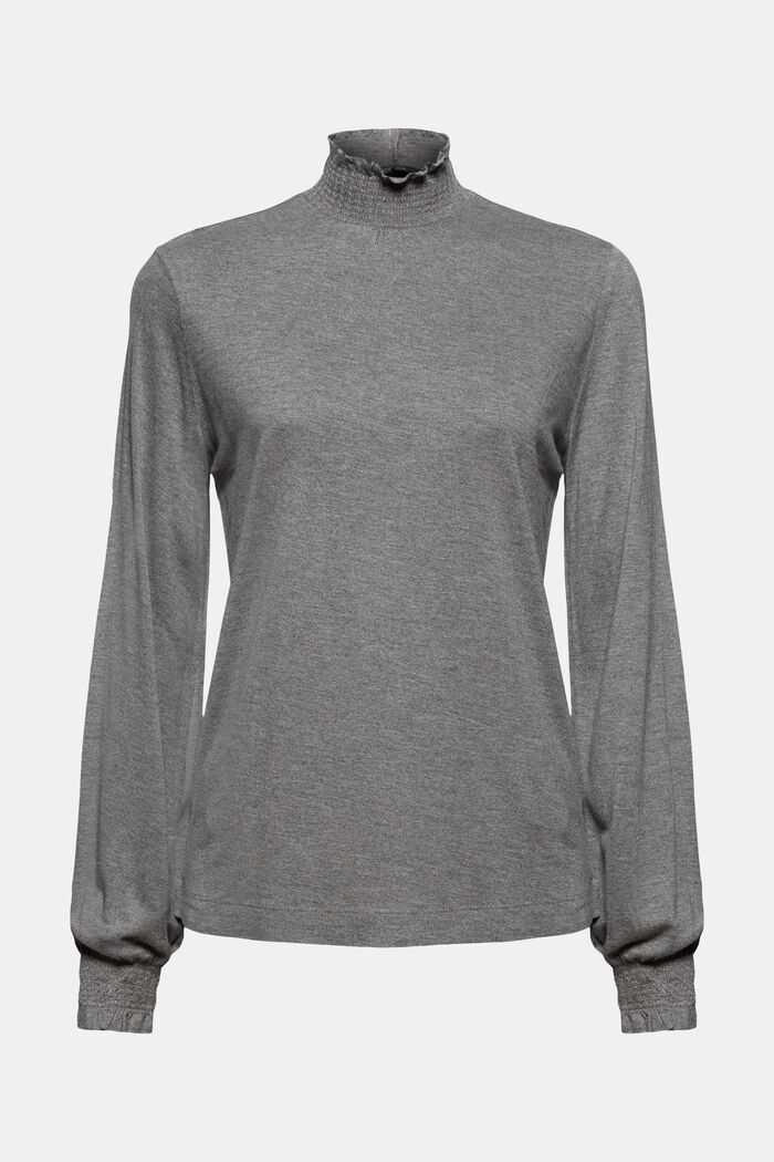 Long sleeve top with frills, LENZING™ ECOVERO™, MEDIUM GREY, overview