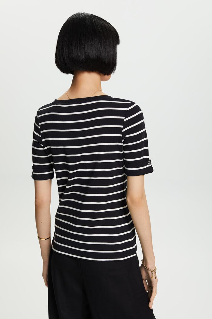 Striped Round Neck Cotton Top, BLACK, detail image number 3