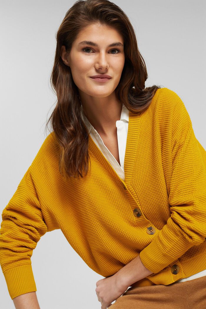 Textured cardigan made of blended organic cotton, BRASS YELLOW, detail image number 6