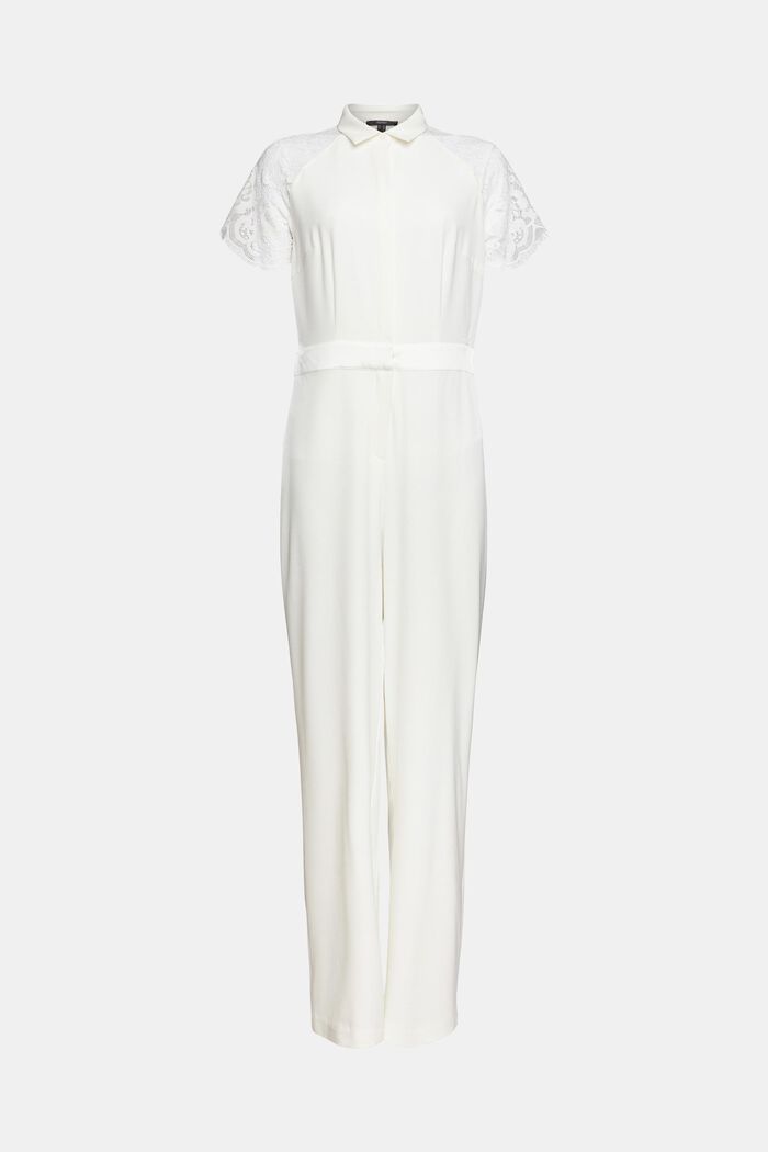 Made of recycled material: jumpsuit with lace sleeves, OFF WHITE, overview