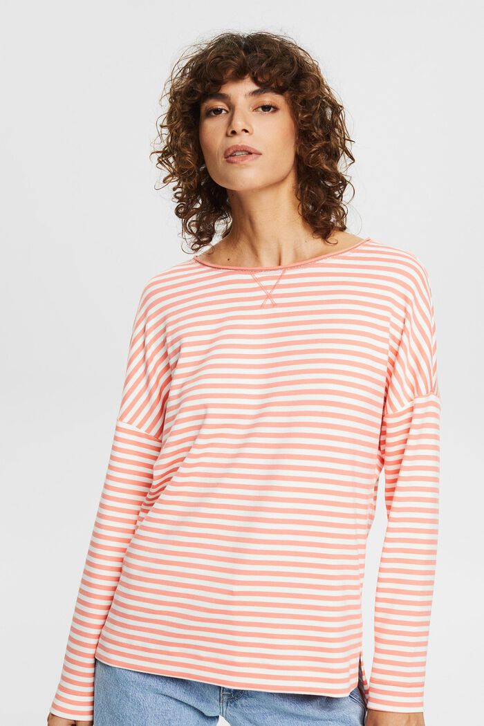 Striped long sleeve top with a high-low hem, CORAL ORANGE, detail image number 0