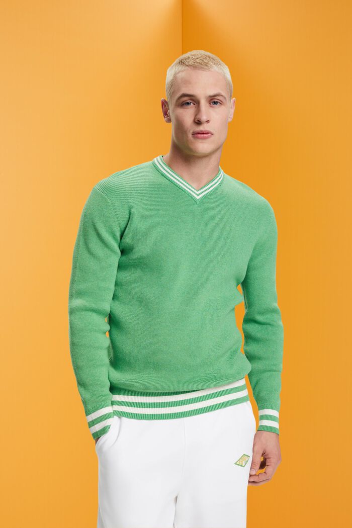 V-neck sustainable cotton jumper, GREEN, detail image number 0