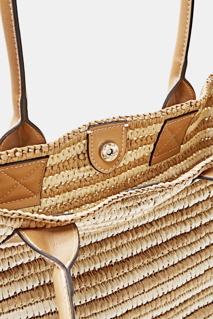 Raffia tote bag with faux leather handles, CAMEL, detail image number 1