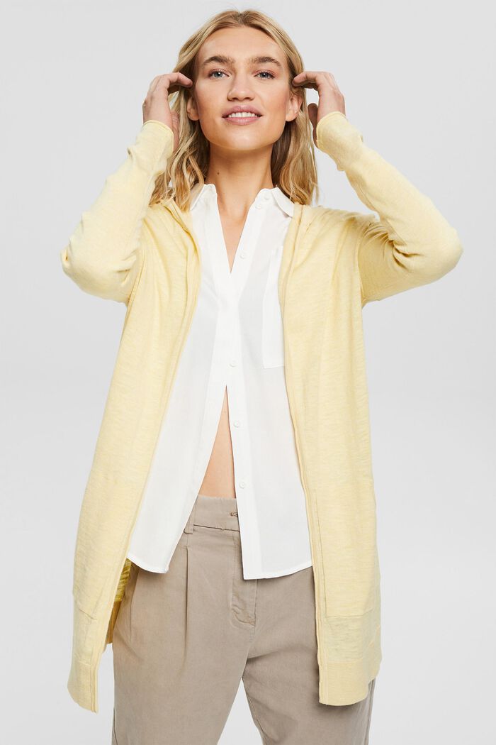 Hooded cardigan, organic cotton, PASTEL YELLOW, overview